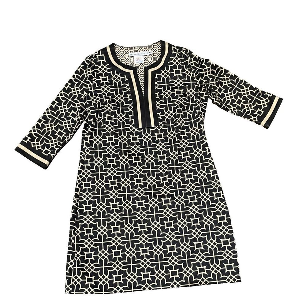 Gretchen Scott dress floral geometric print 100% silk stretchy black beige M